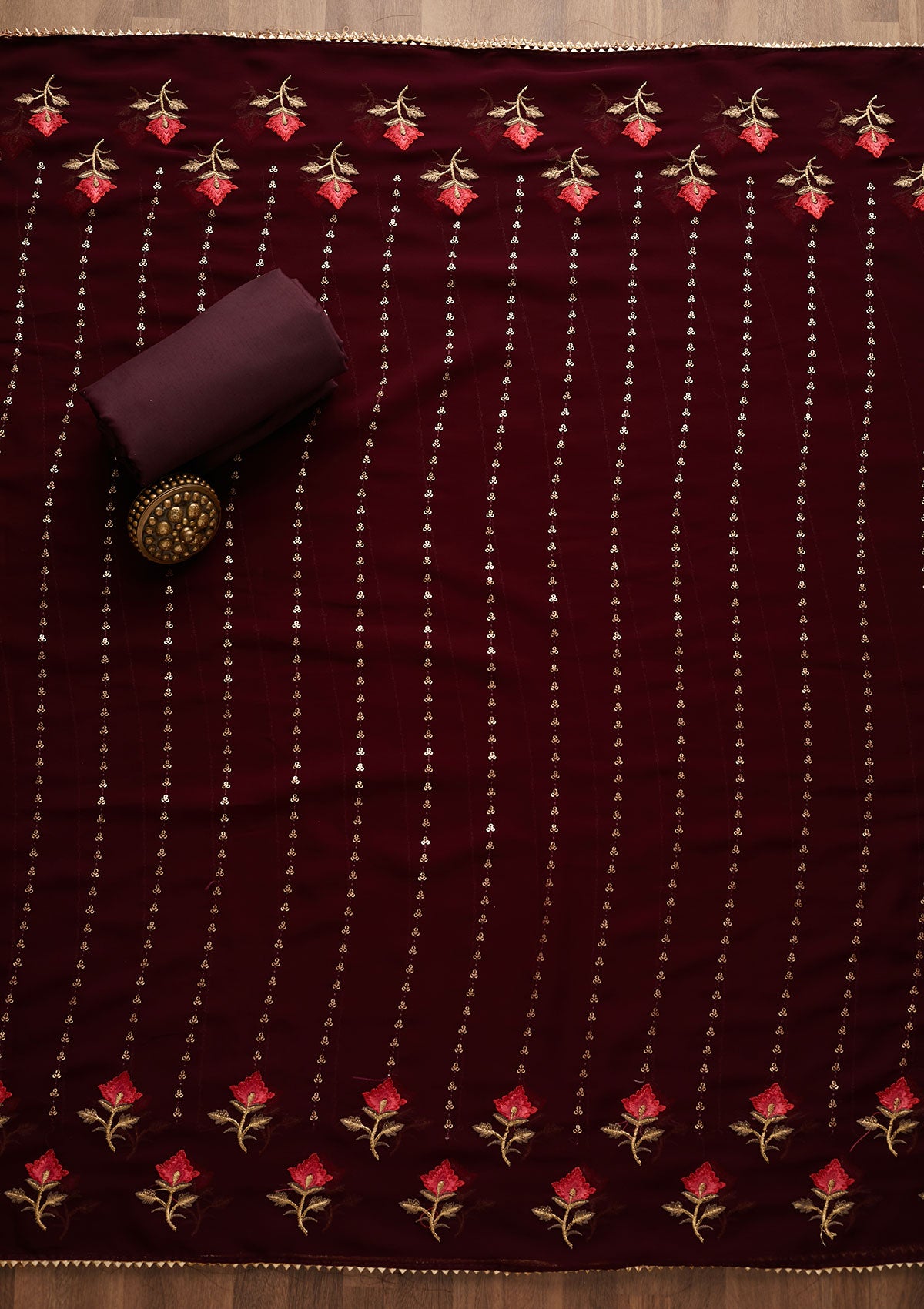 Wine Sequins Georgette Unstitched Salwar Suit-Koskii