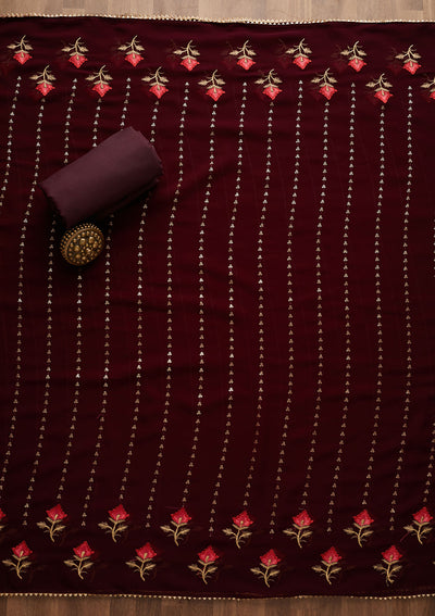Wine Sequins Georgette Unstitched Salwar Suit-Koskii