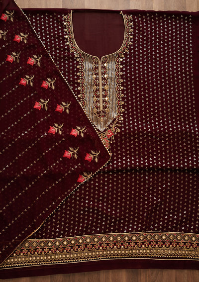 Wine Sequins Georgette Unstitched Salwar Suit-Koskii