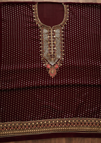 Wine Sequins Georgette Unstitched Salwar Suit-Koskii