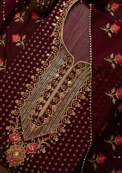 Wine Sequins Georgette Unstitched Salwar Suit-Koskii