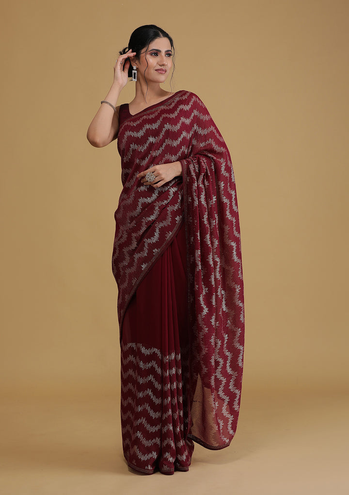 Wine Sequins Georgette Designer Saree-Koskii