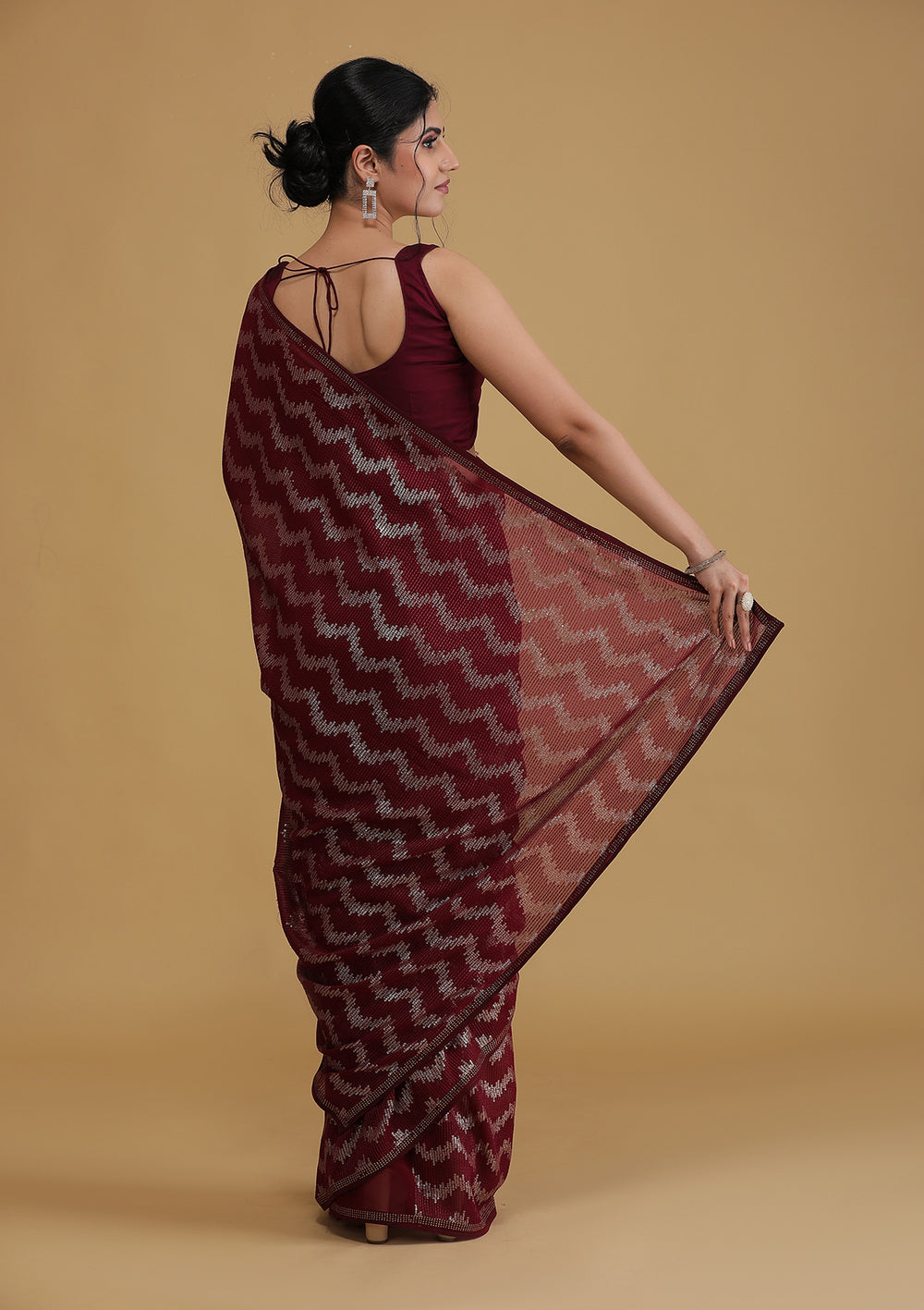 Wine Sequins Georgette Designer Saree-Koskii