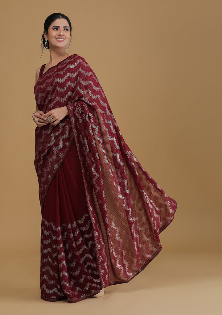 Wine Sequins Georgette Designer Saree-Koskii