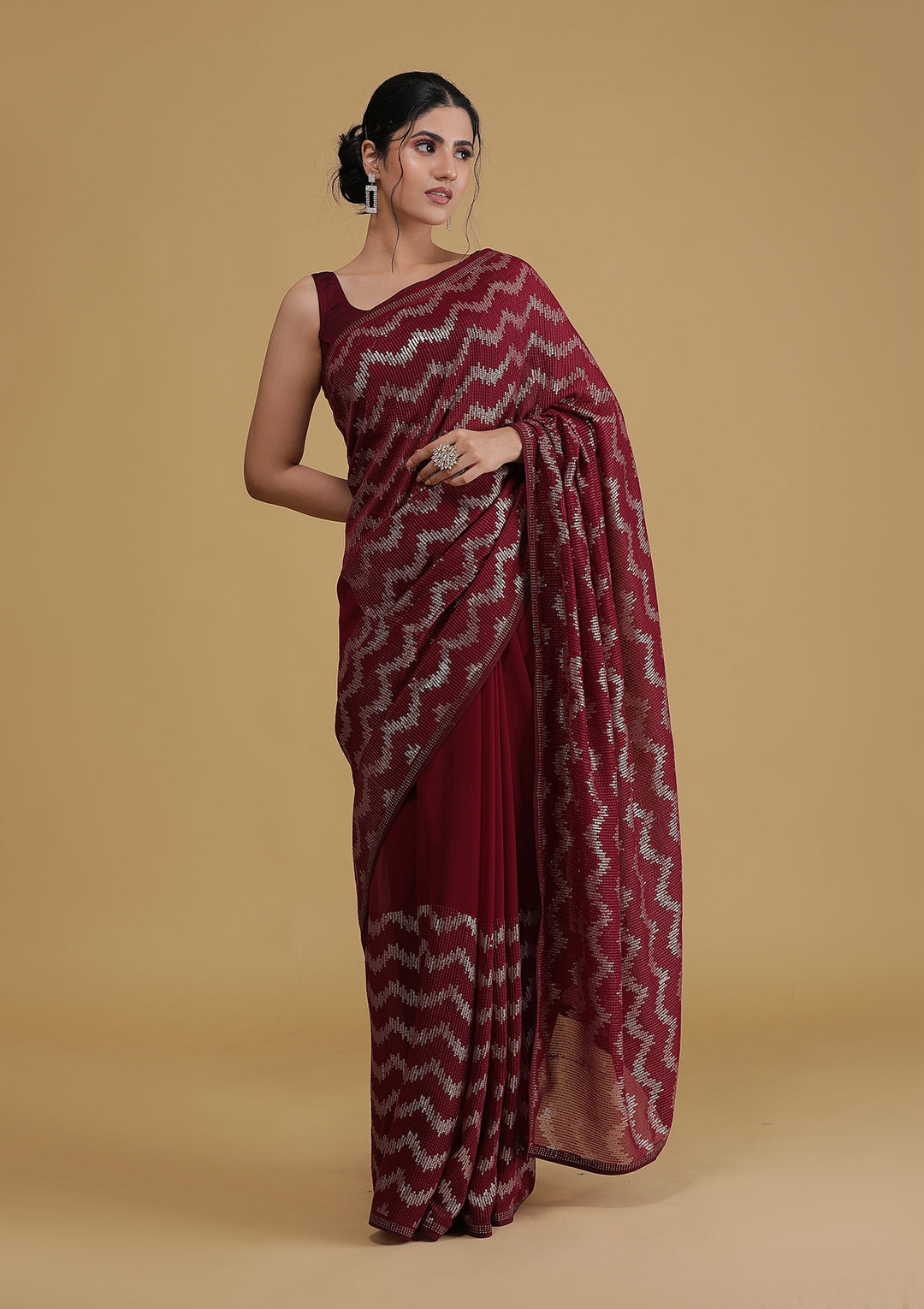 Wine Sequins Georgette Designer Saree-Koskii