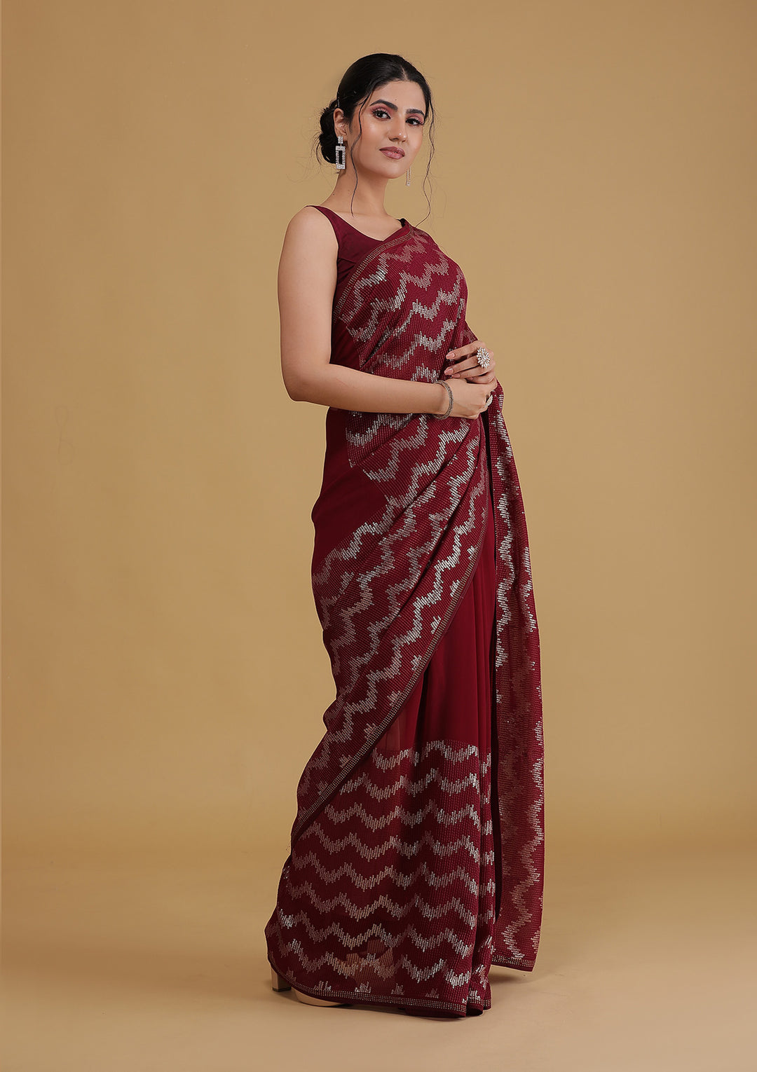 Wine Sequins Georgette Designer Saree-Koskii