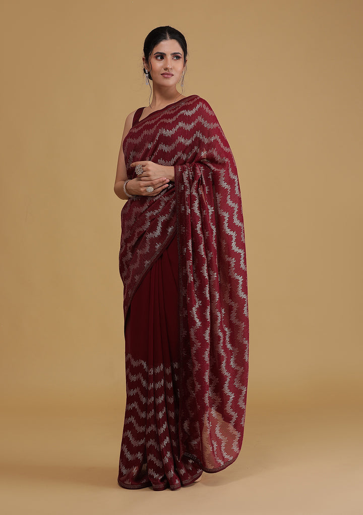 Wine Sequins Georgette Designer Saree-Koskii