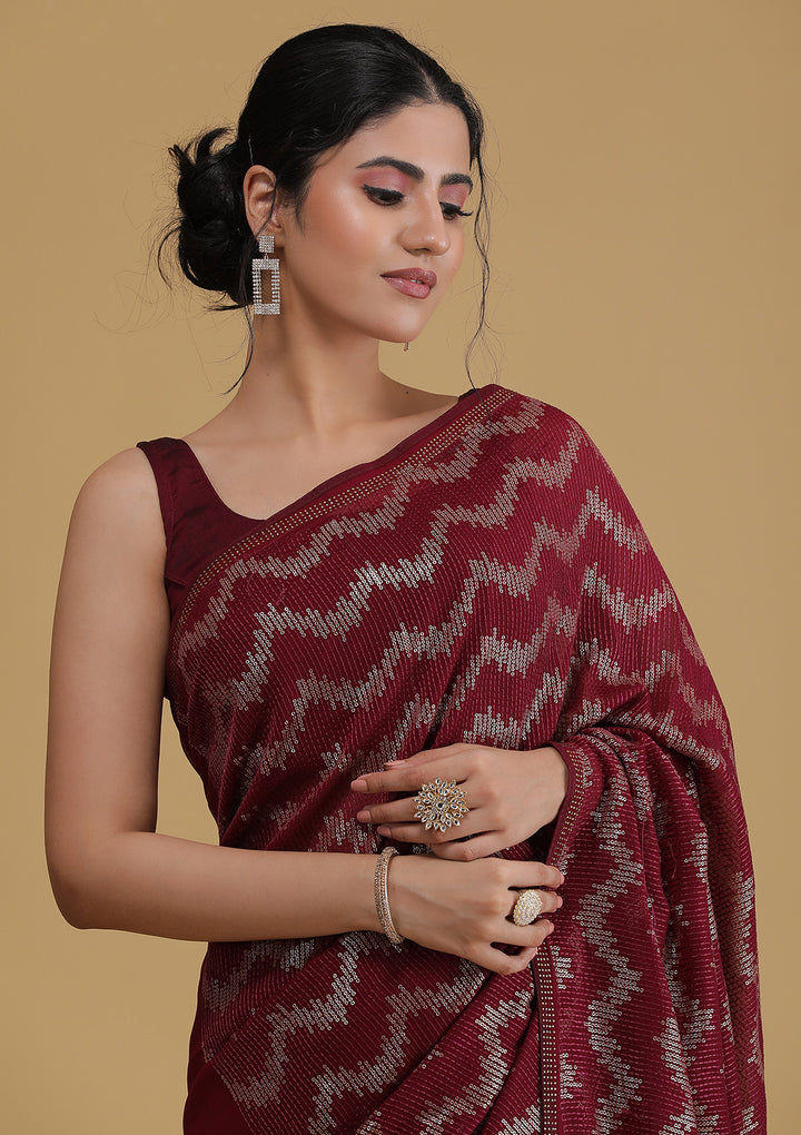 Wine Sequins Georgette Designer Saree-Koskii