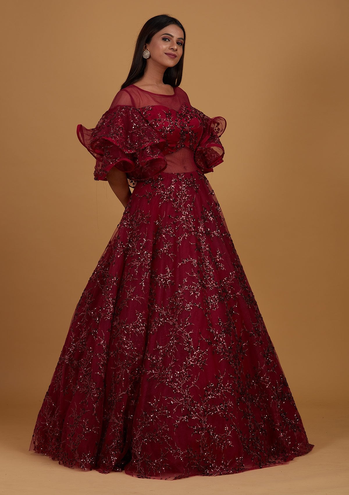 Wine Sequins Net Designer Gown - Koskii