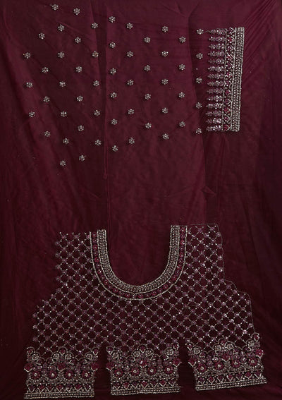 Wine Silver Stonework Net Designer Semi-Stitched Lehenga - koskii