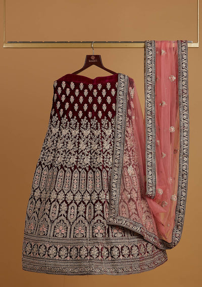 Wine Silver Stonework Velvet Designer Semi-Stitched Lehenga - koskii