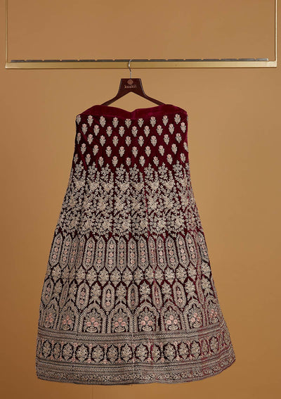 Wine Silver Stonework Velvet Designer Semi-Stitched Lehenga - koskii