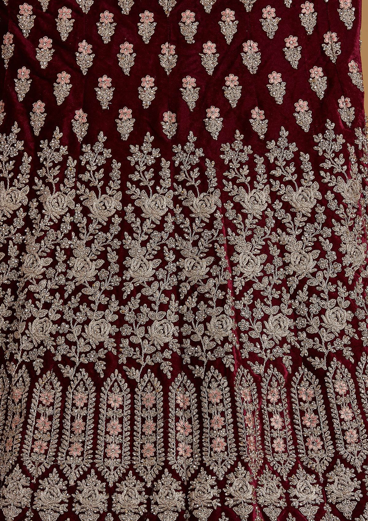 Wine Silver Stonework Velvet Designer Semi-Stitched Lehenga - koskii