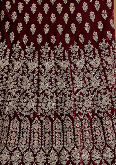 Wine Silver Stonework Velvet Designer Semi-Stitched Lehenga - koskii