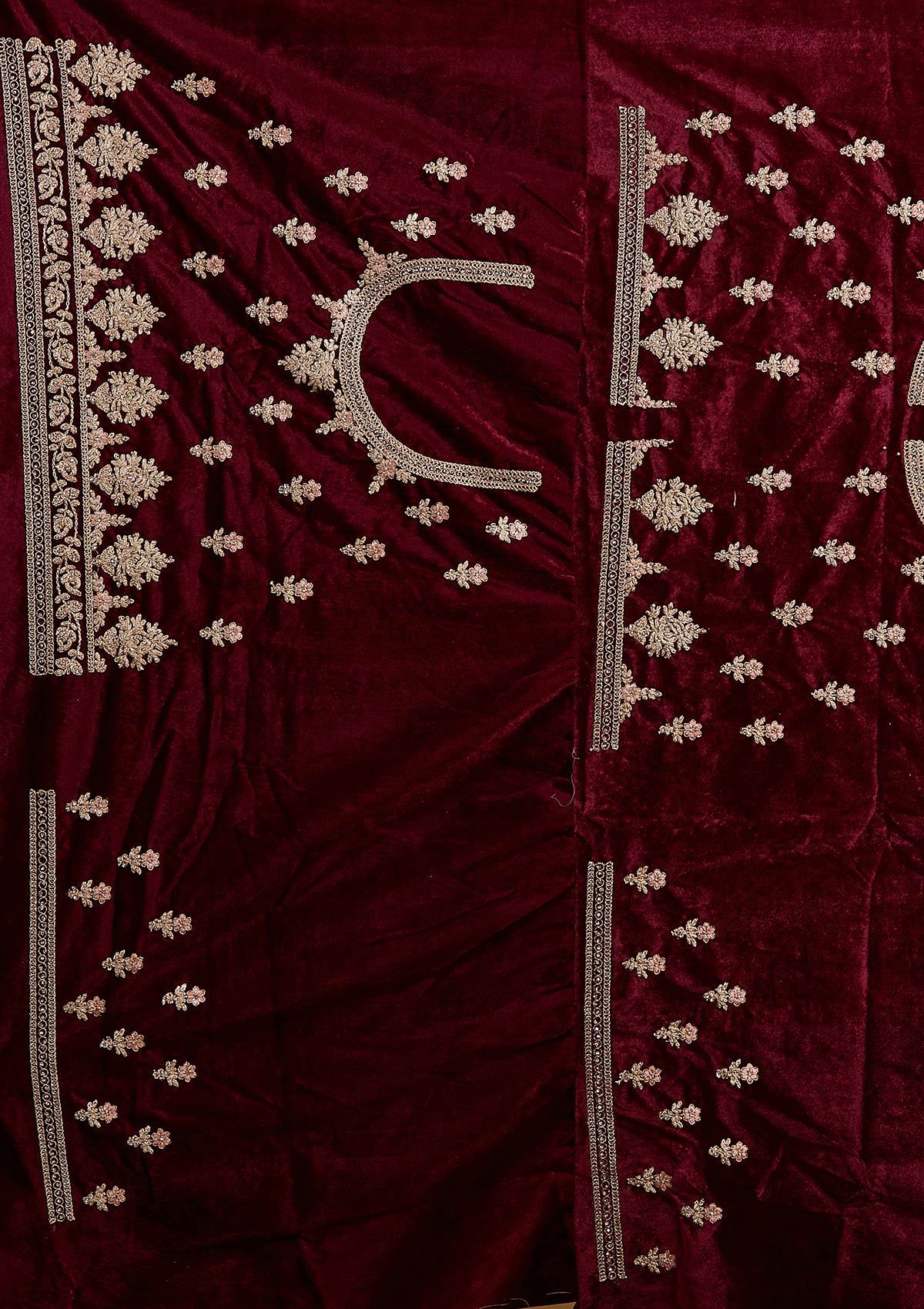 Wine Silver Stonework Velvet Designer Semi-Stitched Lehenga - koskii