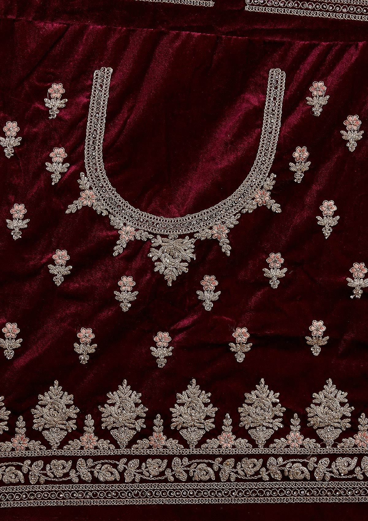 Wine Silver Stonework Velvet Designer Semi-Stitched Lehenga - koskii