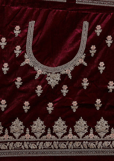 Wine Silver Stonework Velvet Designer Semi-Stitched Lehenga - koskii