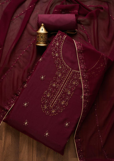 Wine Stonework Georgette  Unstitched Salwar Suit- Koskii