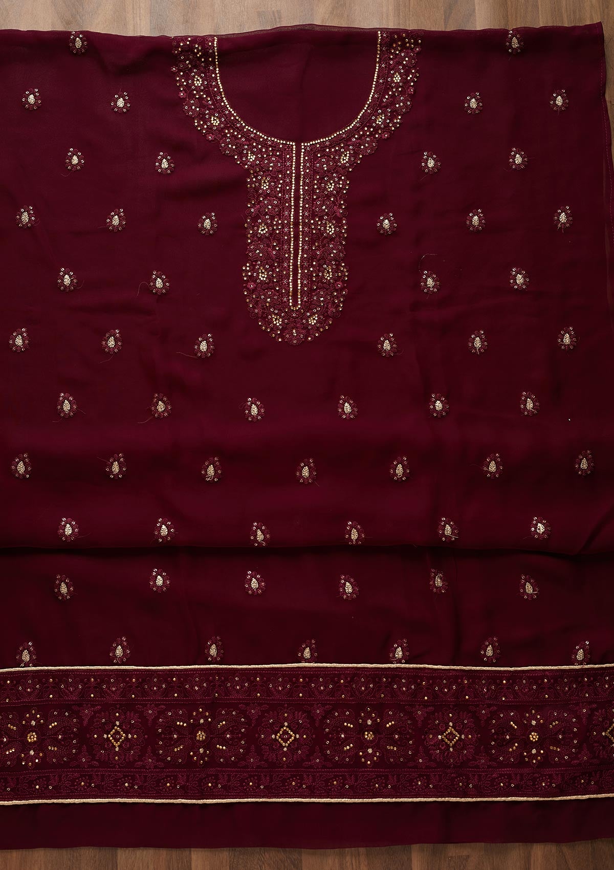 Wine Stonework Georgette  Unstitched Salwar Suit - Koskii