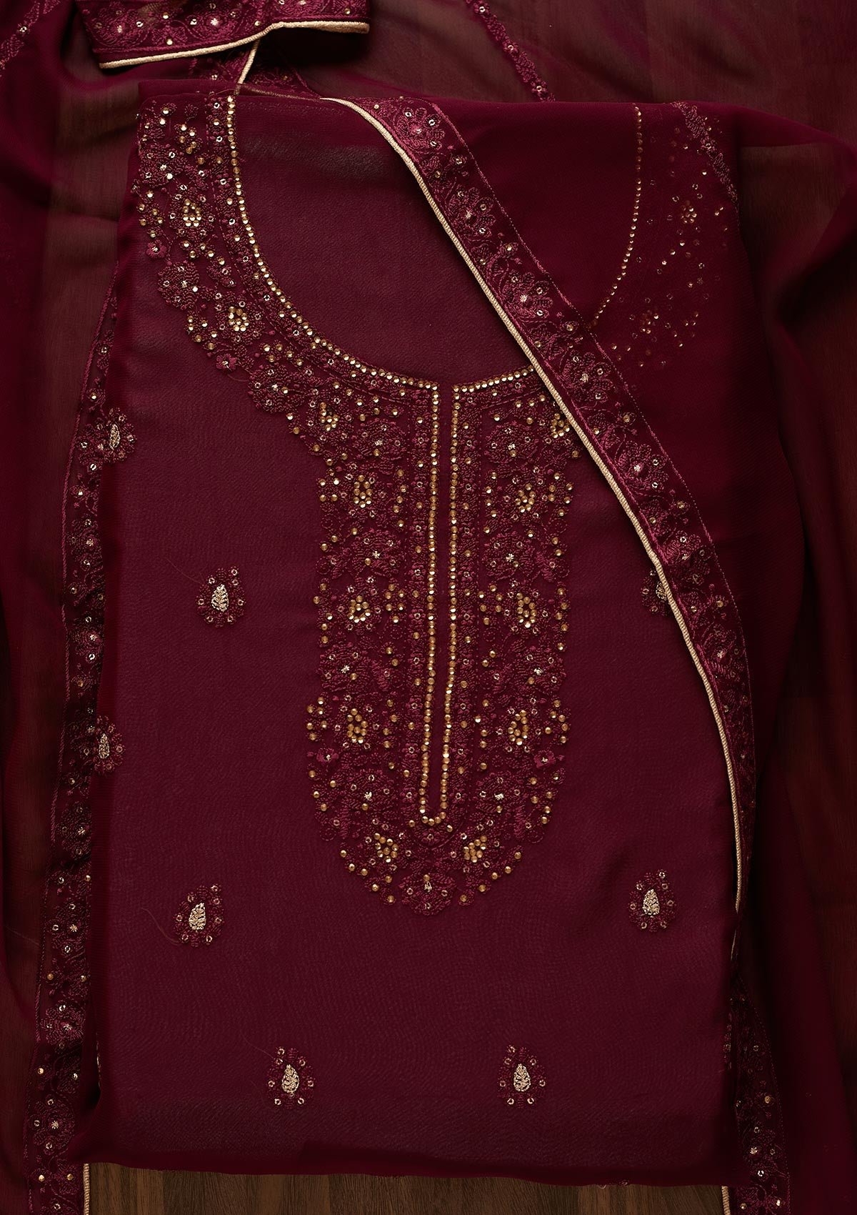 Wine Stonework Georgette  Unstitched Salwar Suit - Koskii