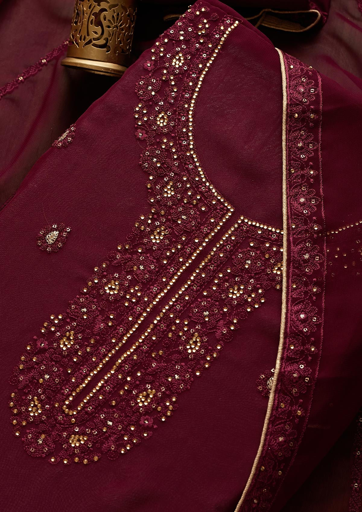 Wine Stonework Georgette  Unstitched Salwar Suit - Koskii