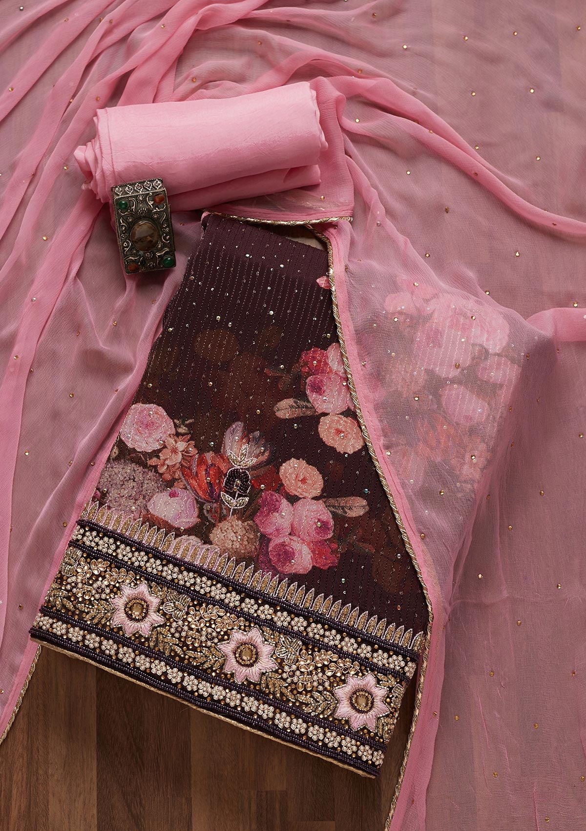 Wine Stonework Georgette Unstitched Salwar Suit- Koskii