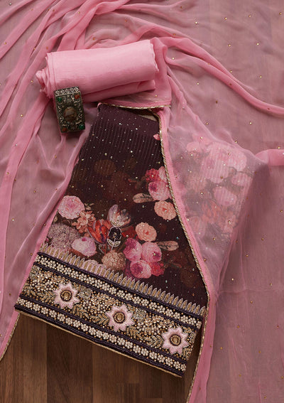 Wine Stonework Georgette Unstitched Salwar Suit- Koskii