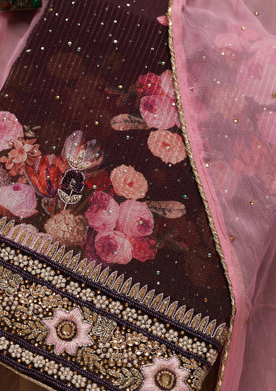 Wine Stonework Georgette Unstitched Salwar Suit - Koskii