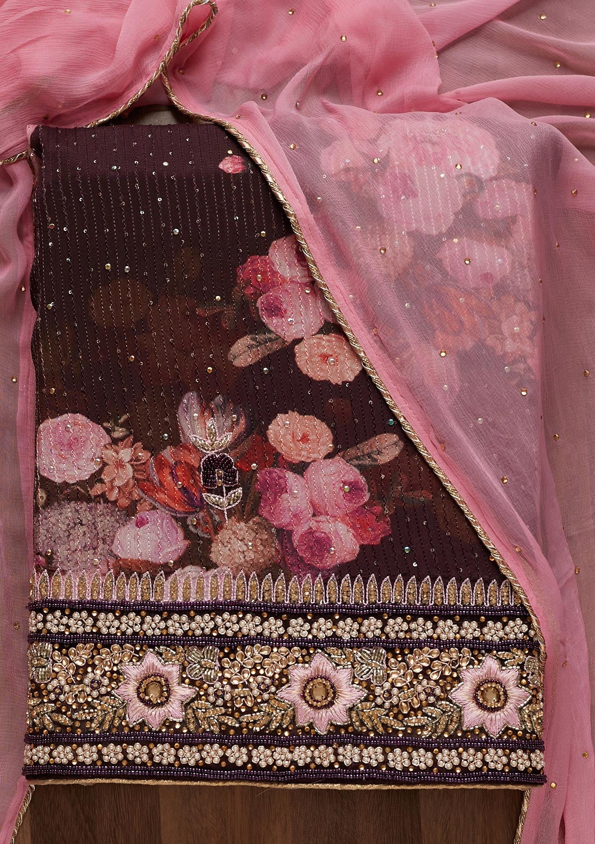 Wine Stonework Georgette Unstitched Salwar Suit - Koskii
