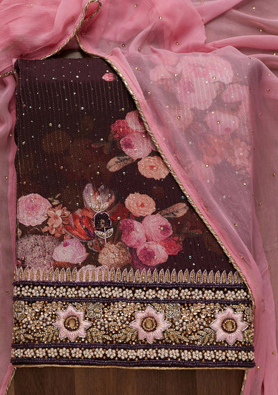 Wine Stonework Georgette Unstitched Salwar Suit - Koskii