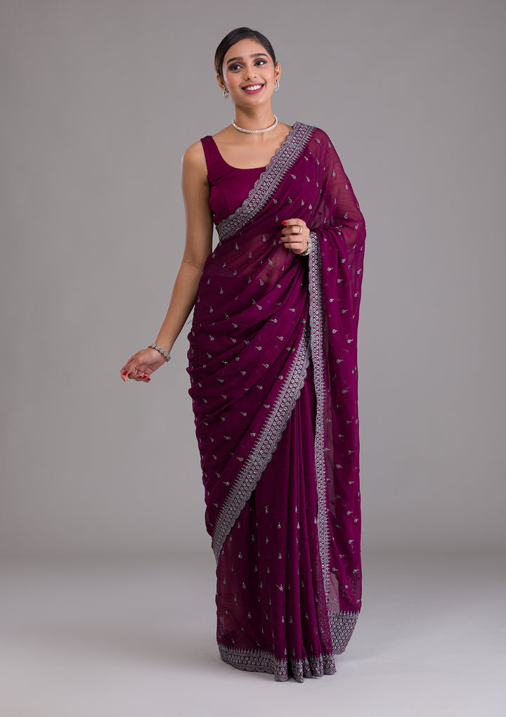 Wine Stonework Georgette Saree-Koskii