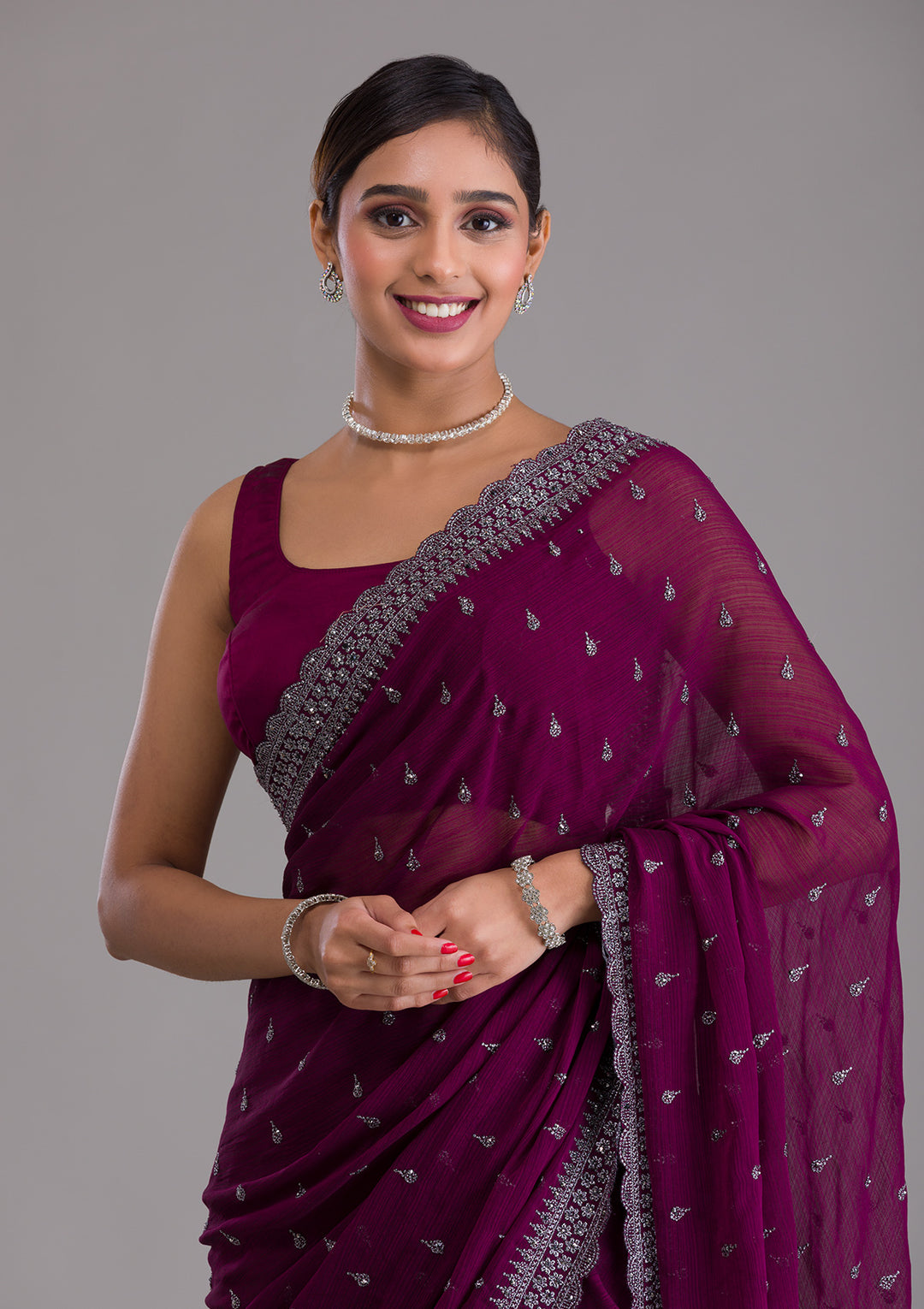 Wine Stonework Georgette Saree-Koskii