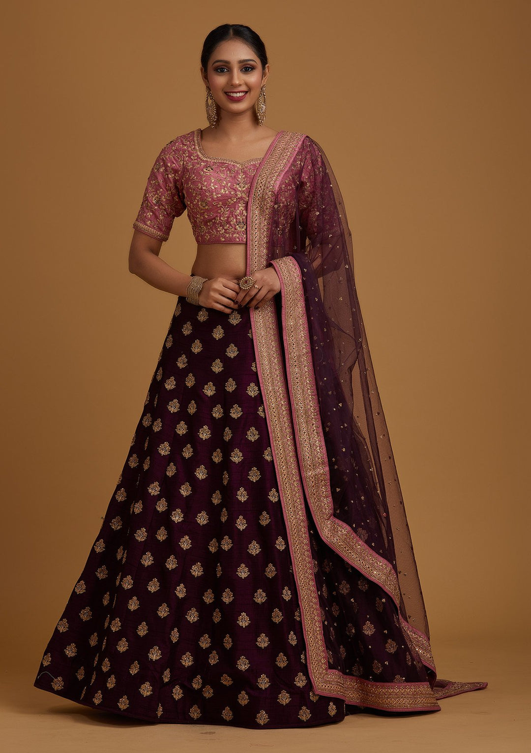 Wine Stonework Raw Silk Designer Lehenga - koskii