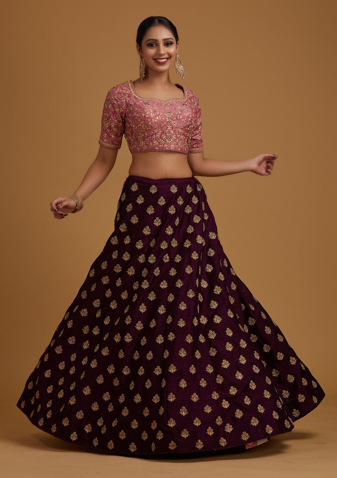 Wine Stonework Raw Silk Designer Lehenga - koskii