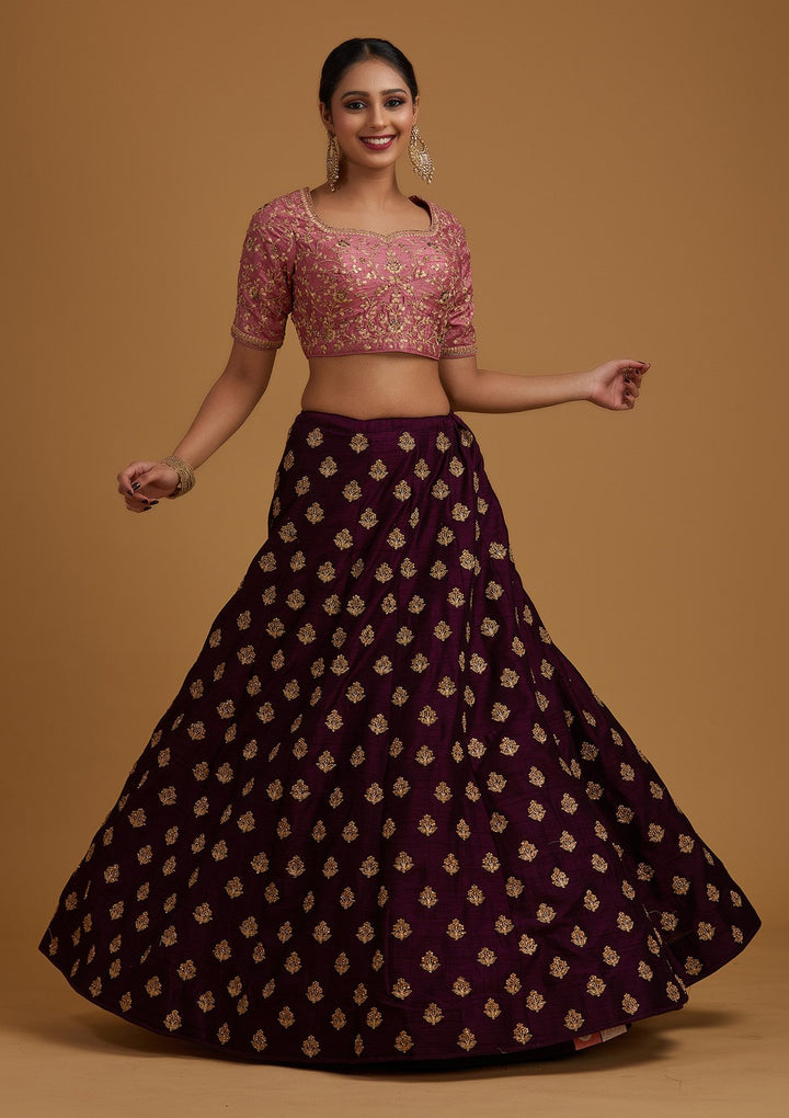 Wine Stonework Raw Silk Designer Lehenga - koskii