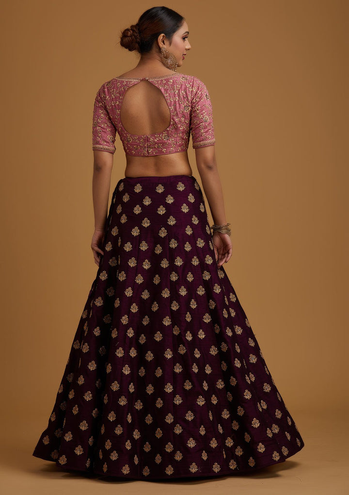 Wine Stonework Raw Silk Designer Lehenga - koskii