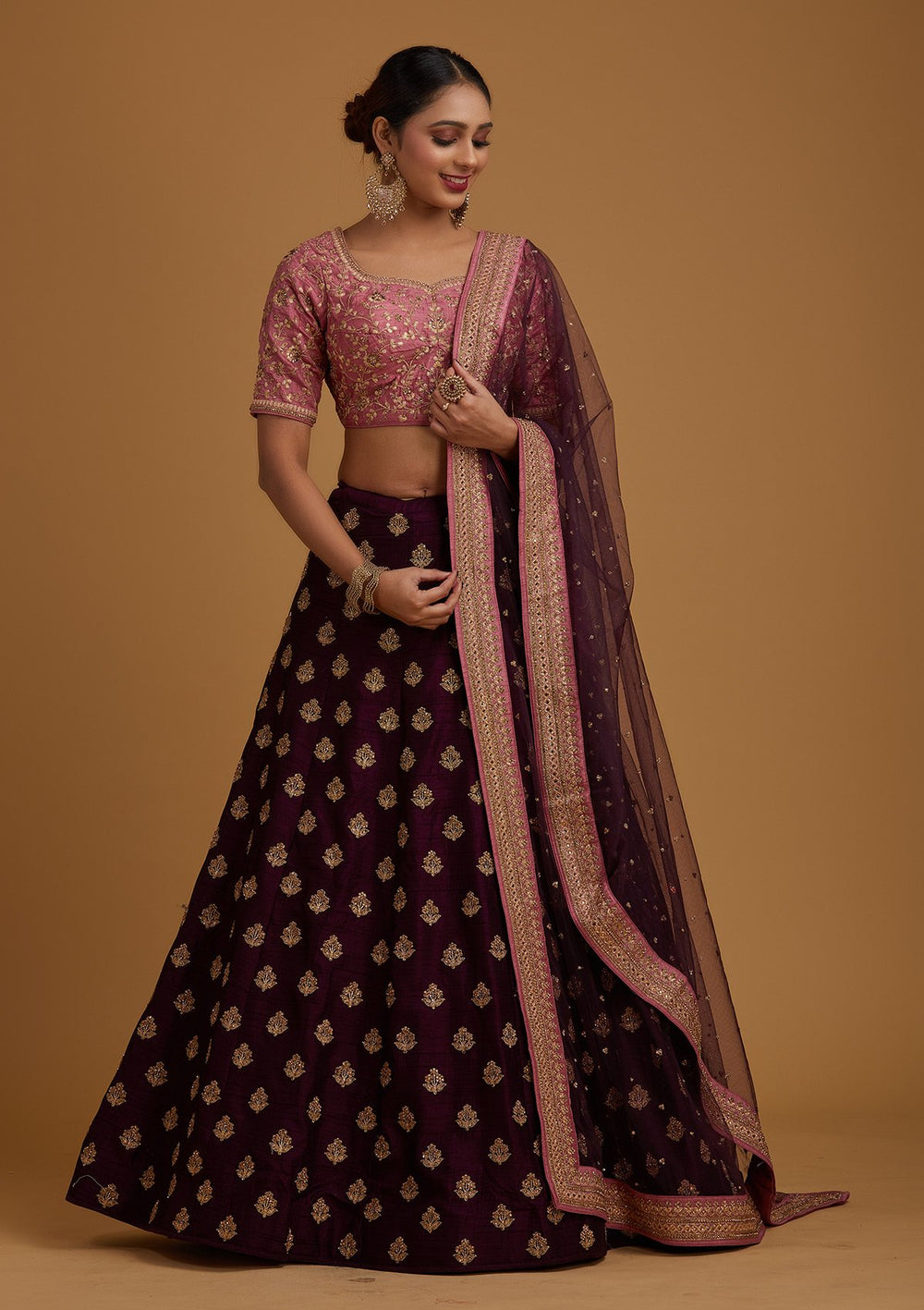 Wine Stonework Raw Silk Designer Lehenga - koskii