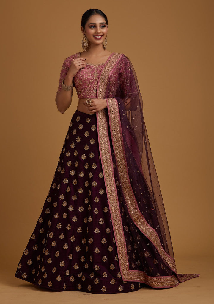 Wine Stonework Raw Silk Designer Lehenga - koskii