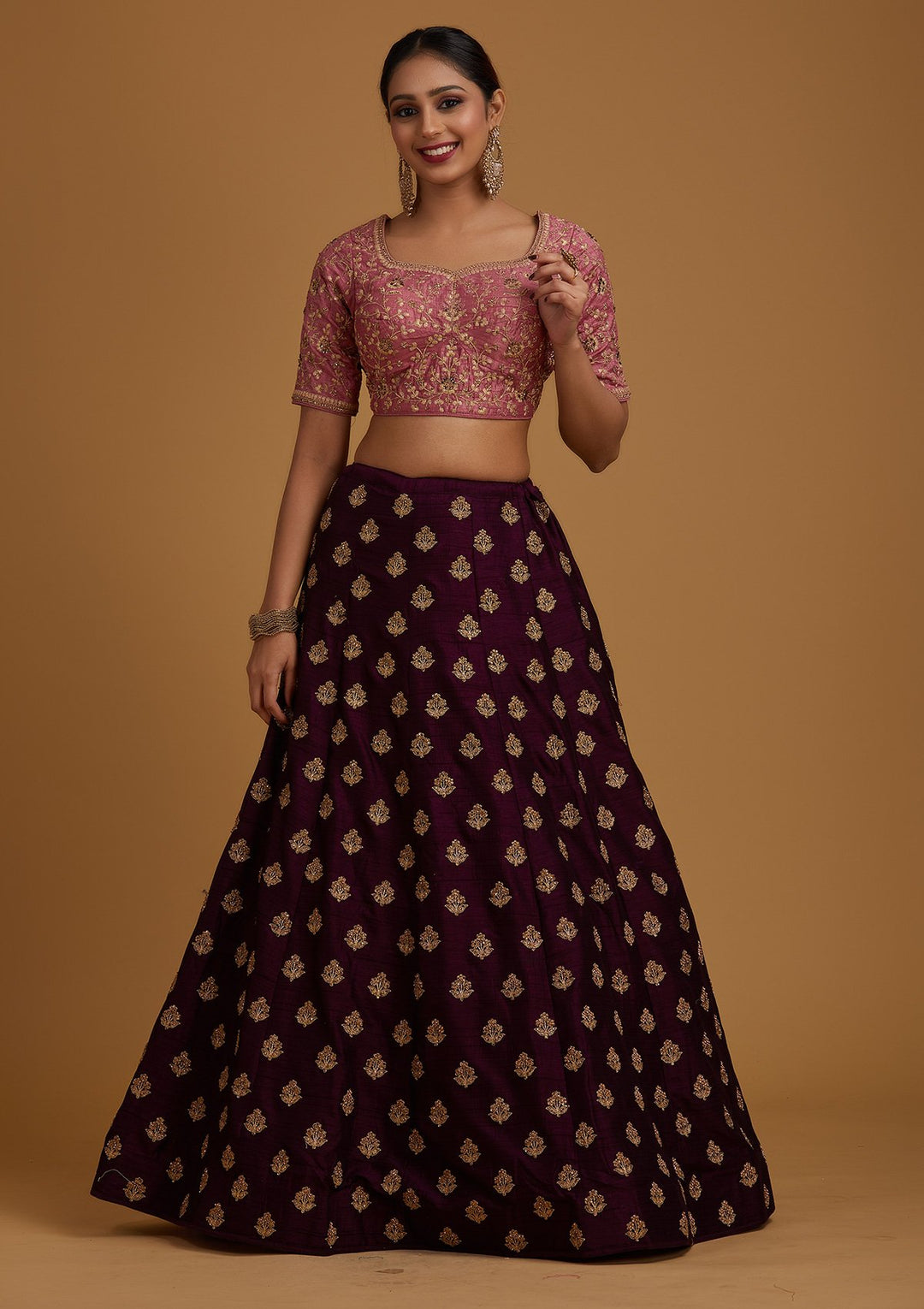 Wine Stonework Raw Silk Designer Lehenga - koskii