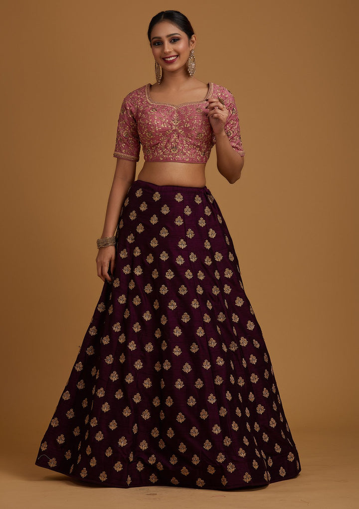 Wine Stonework Raw Silk Designer Lehenga - koskii