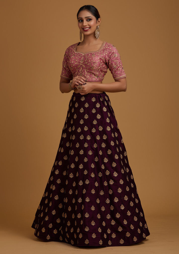 Wine Stonework Raw Silk Designer Lehenga - koskii