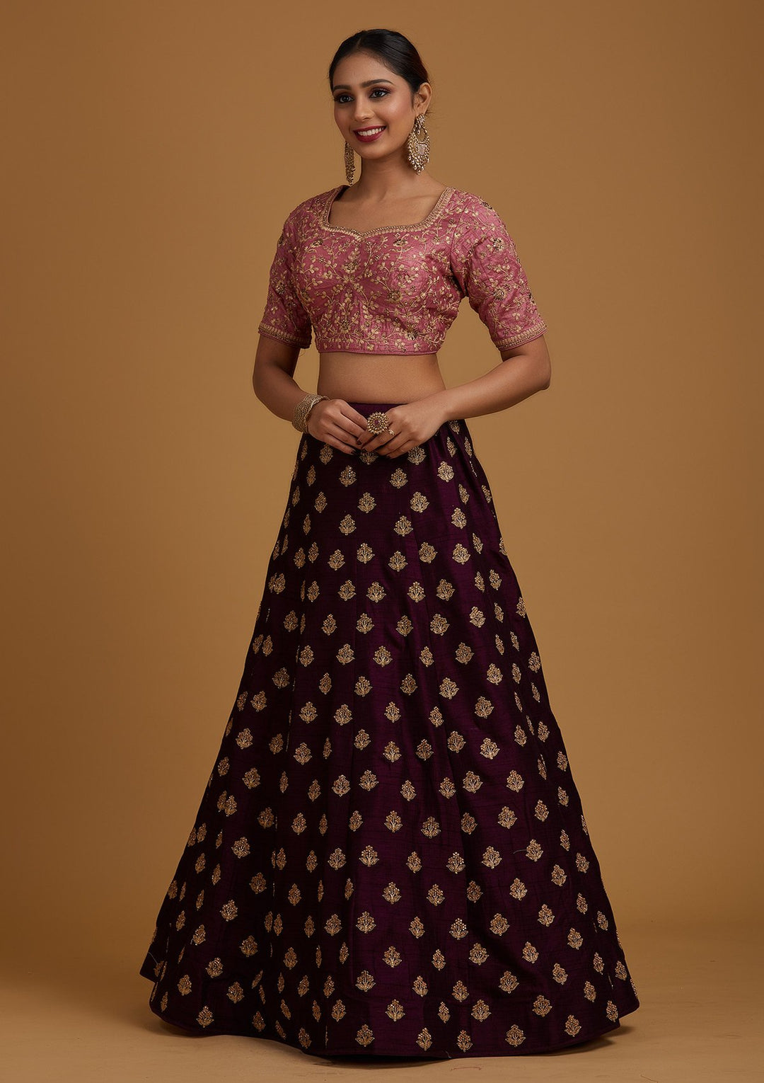 Wine Stonework Raw Silk Designer Lehenga - koskii