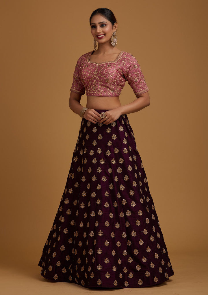 Wine Stonework Raw Silk Designer Lehenga - koskii