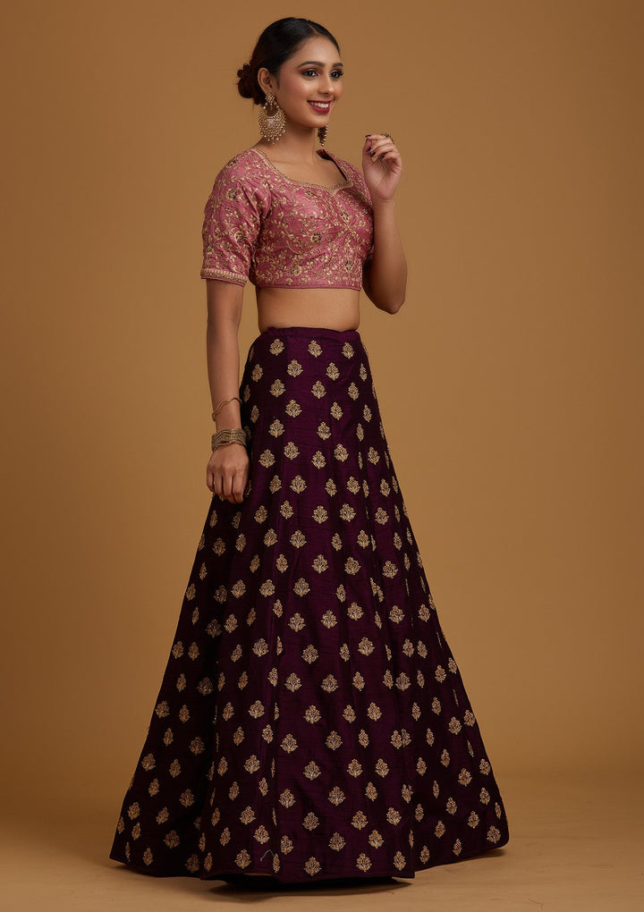 Wine Stonework Raw Silk Designer Lehenga - koskii