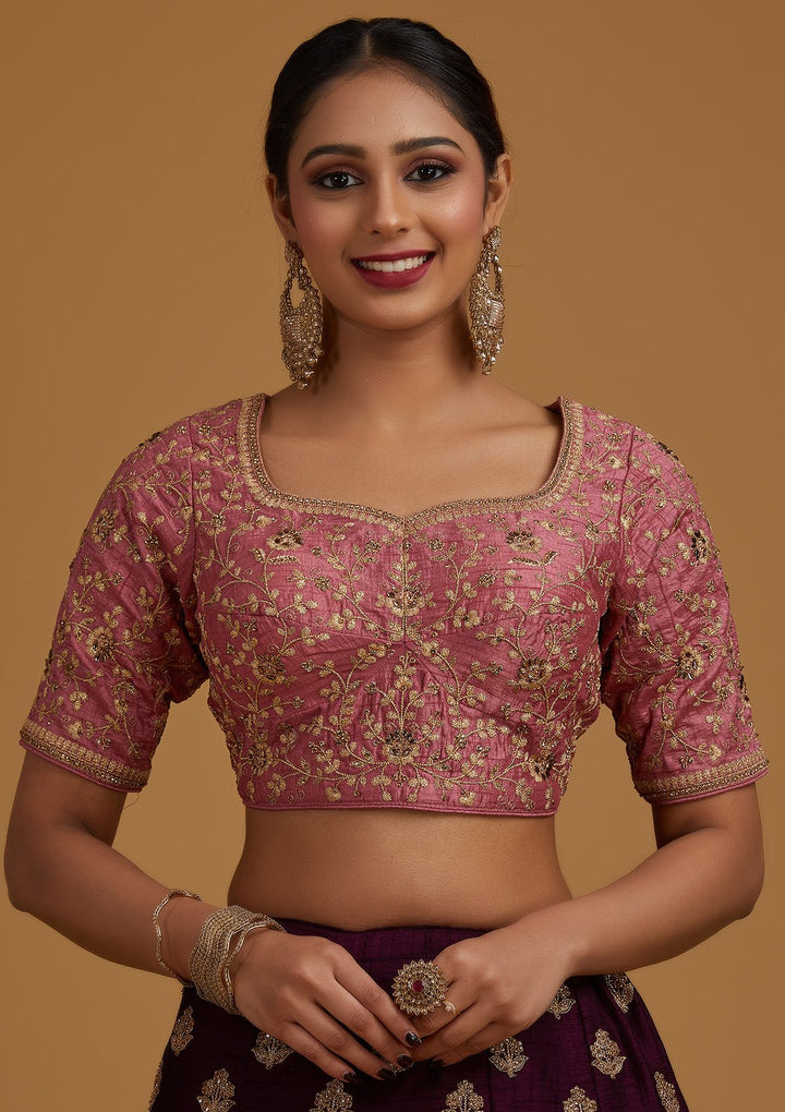 Wine Stonework Raw Silk Designer Lehenga - koskii