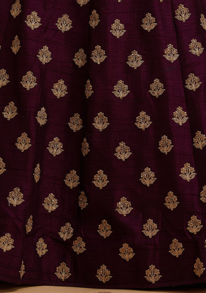Wine Stonework Raw Silk Designer Lehenga - koskii