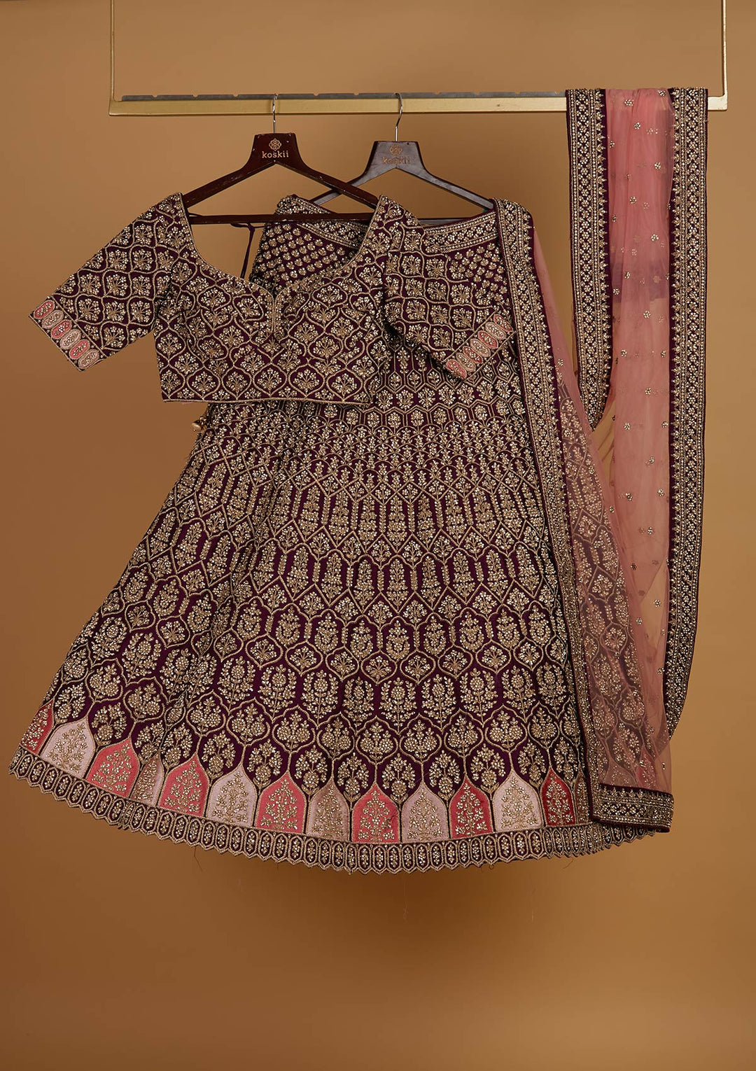 Wine Stonework Raw Silk Designer Readymade Lehenga - Koskii