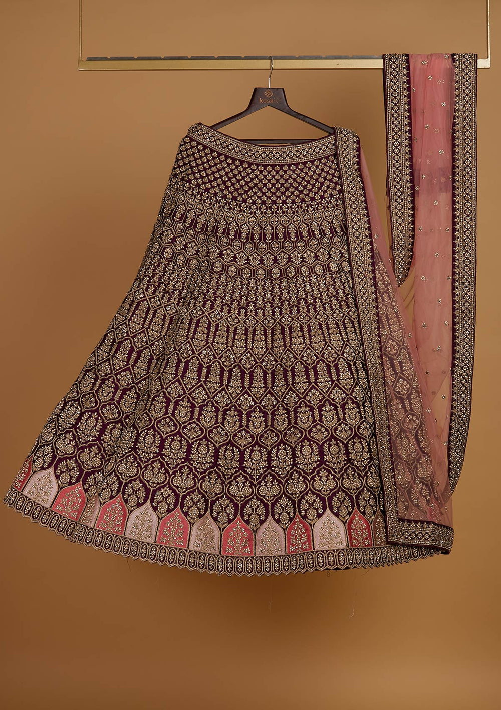 Wine Stonework Raw Silk Designer Readymade Lehenga - Koskii
