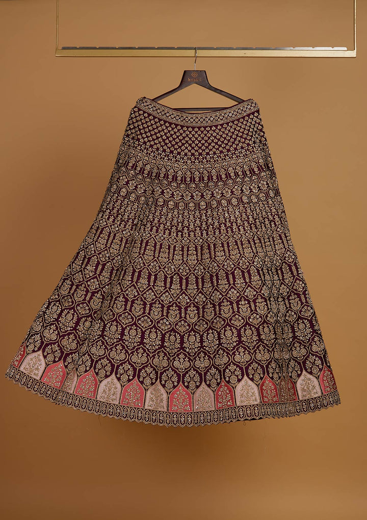 Wine Stonework Raw Silk Designer Readymade Lehenga - Koskii