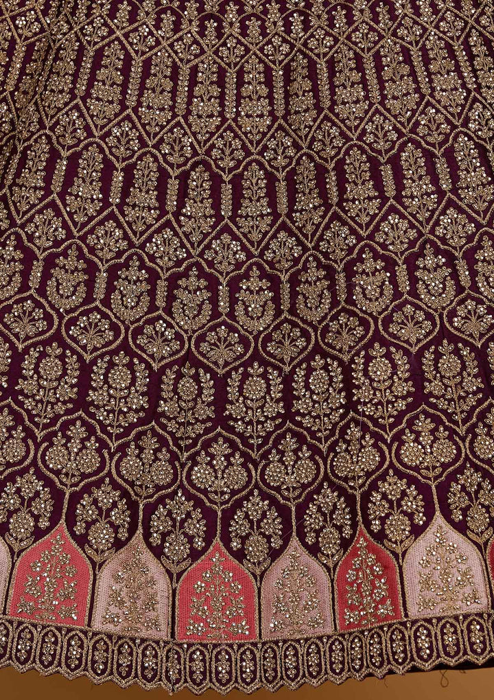 Wine Stonework Raw Silk Designer Readymade Lehenga - Koskii